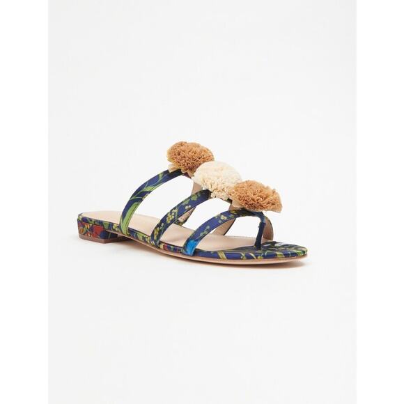 J.Mclaughlin NWOT Mandy Sandal in Midnight Floral Raffia Pom Flats Botanical 7M - Picture 2 of 7
